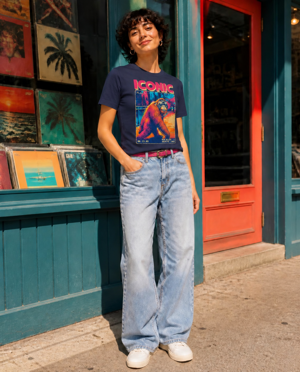 Three-quarter view of the Navy Ken Allen Iconic graphic tee with flat short sleeves and colorful VHS artwork outside a teal and coral record-shop storefront
