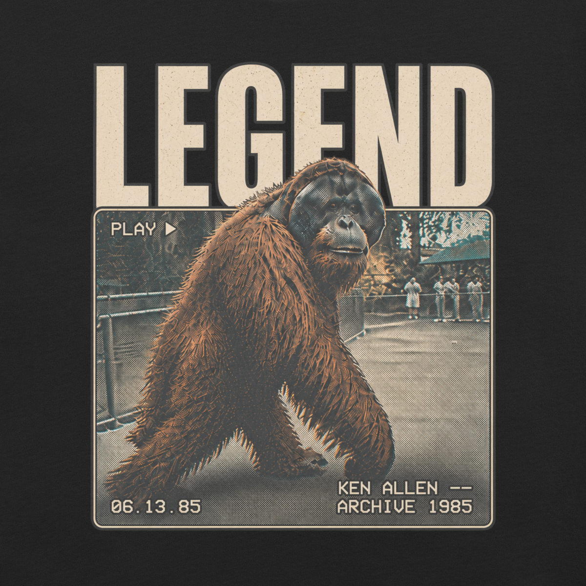 Close-up of the Vintage Black Ken Allen Legend tee graphic with PLAY marker, 06.13.85 timestamp and KEN ALLEN ARCHIVE 1985 lettering