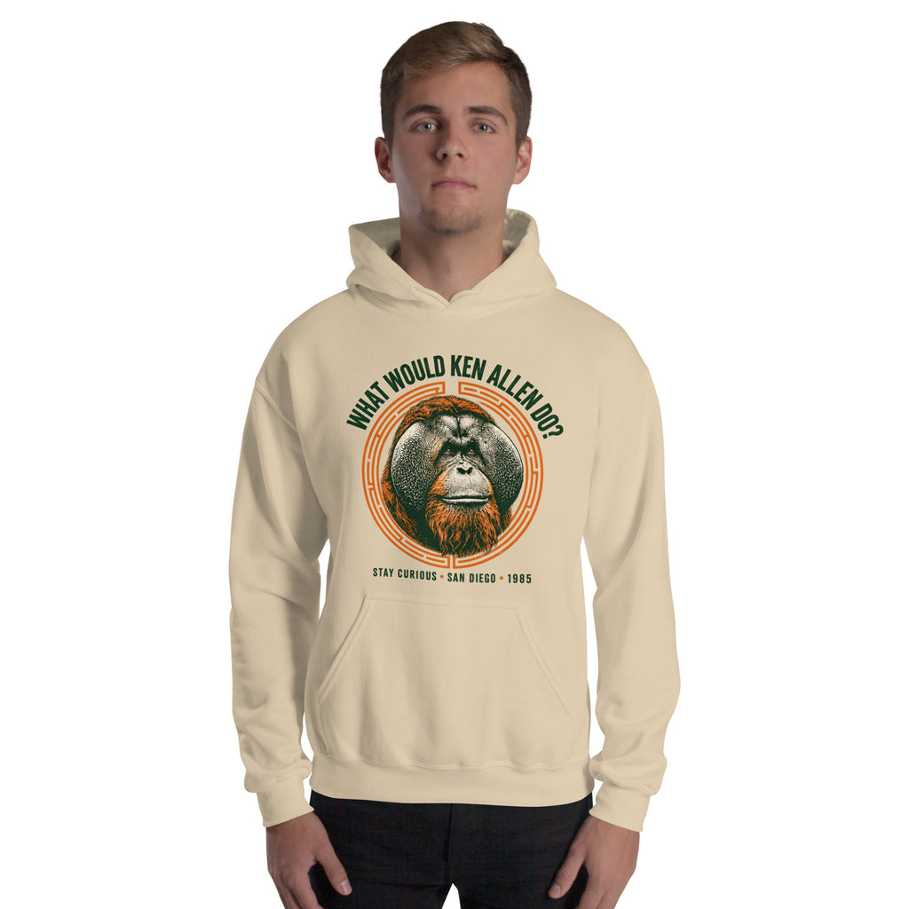 Model wearing the Sand What Would Ken Allen Do? orangutan graphic hoodie, front view