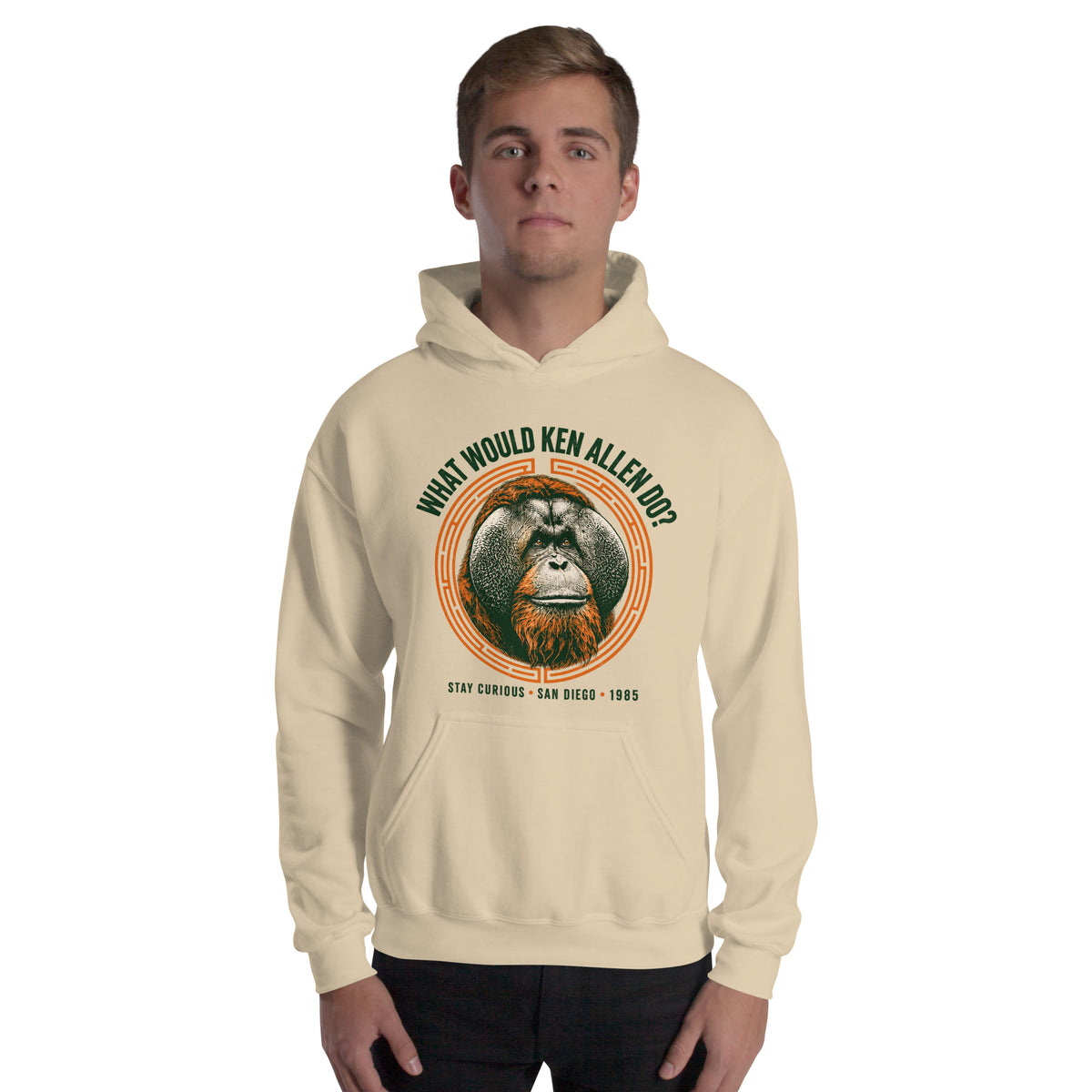 Model wearing the Sand What Would Ken Allen Do? orangutan graphic hoodie, front view