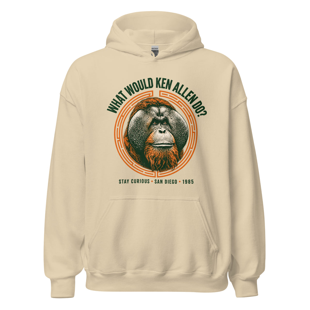 Front of Sand What Would Ken Allen Do? hoodie with green lettering and an orangutan portrait