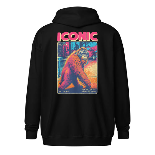 Back view of the Black Ken Allen Iconic orangutan graphic zip-up hoodie