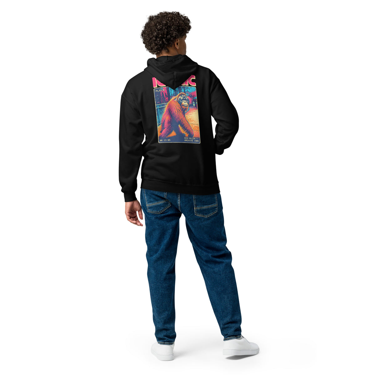 Back view of the Black Ken Allen Iconic orangutan graphic zip-up hoodie