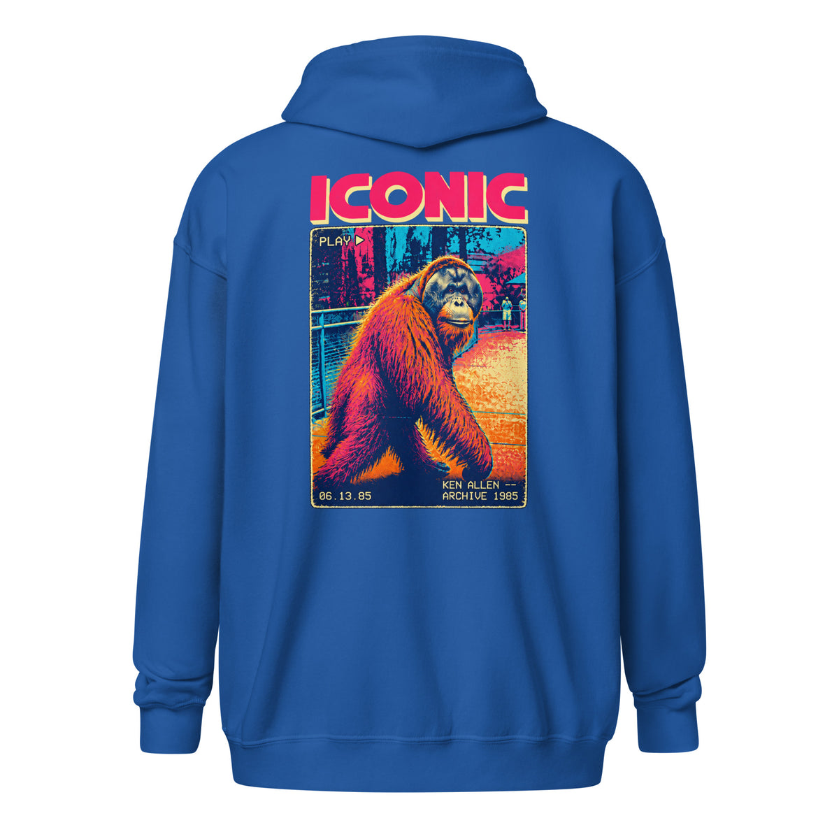 Back view of the Royal blue Ken Allen Iconic orangutan graphic zip-up hoodie
