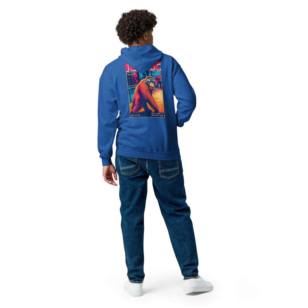 Back view of the Royal blue Ken Allen Iconic orangutan graphic zip-up hoodie