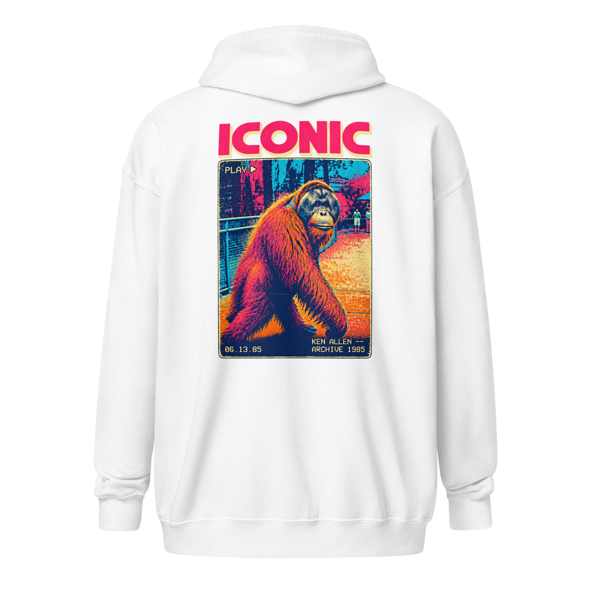 Back view of the White Ken Allen Iconic orangutan graphic zip-up hoodie