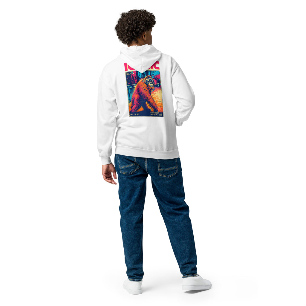 Back view of the White Ken Allen Iconic orangutan graphic zip-up hoodie