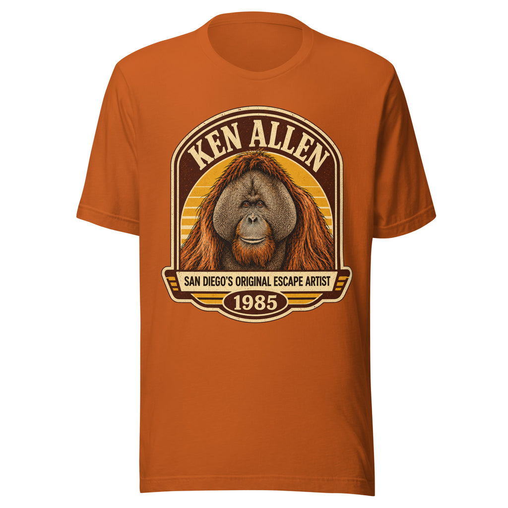 Front of Autumn Ken Allen Heritage graphic tee with orangutan portrait and retro 1985 badge