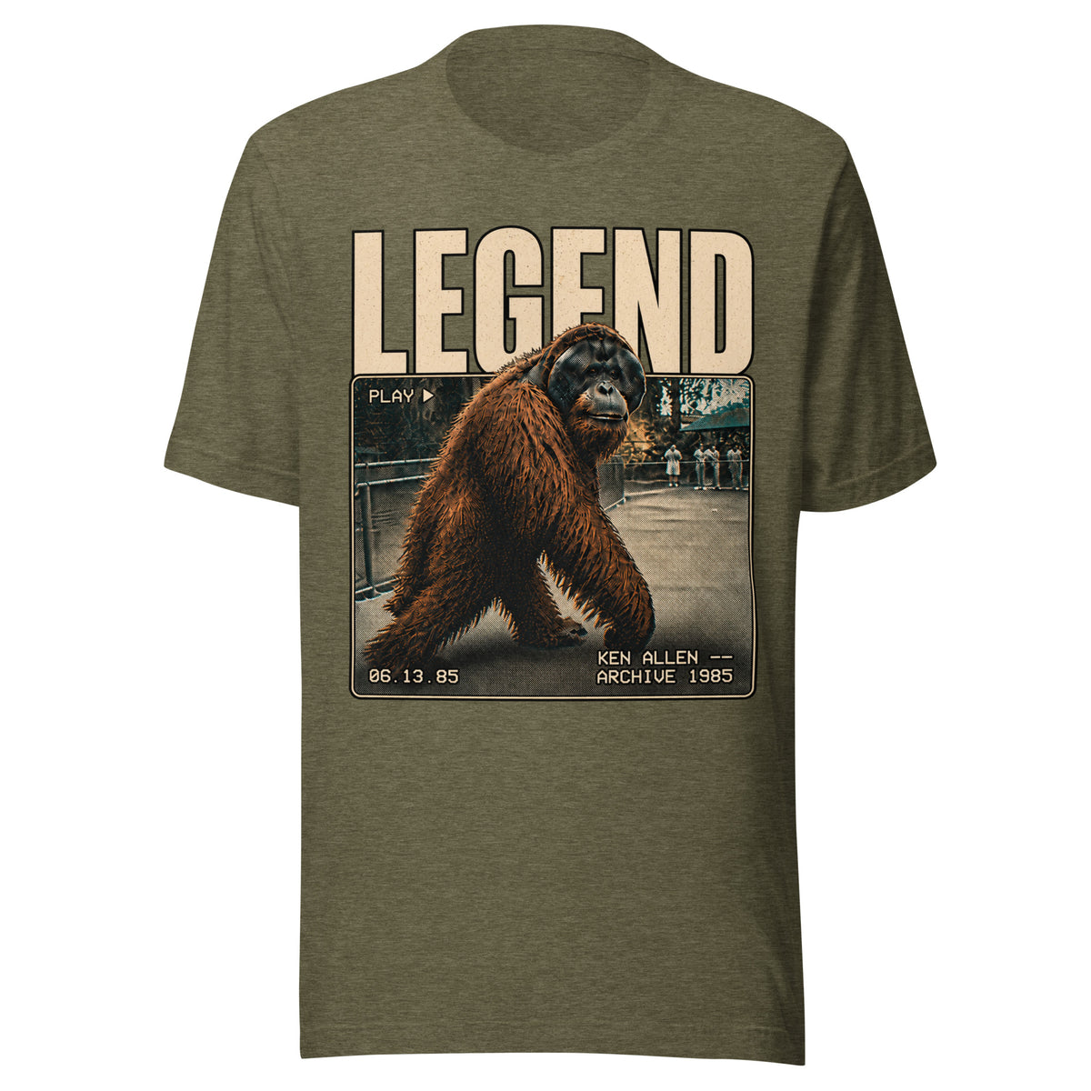 Front view of the Heather Olive Ken Allen Legend orangutan graphic T-shirt