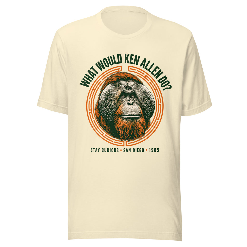 Front view of the Natural What Would Ken Allen Do? tee with green lettering and orange orangutan artwork