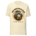 Front view of the Natural What Would Ken Allen Do? tee with green lettering and orange orangutan artwork
