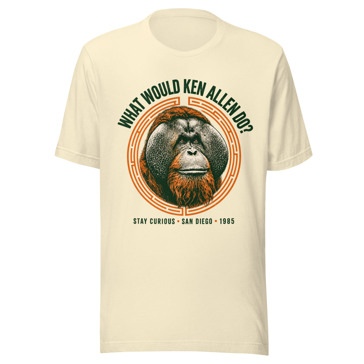 Front view of the Natural What Would Ken Allen Do? tee with green lettering and orange orangutan artwork