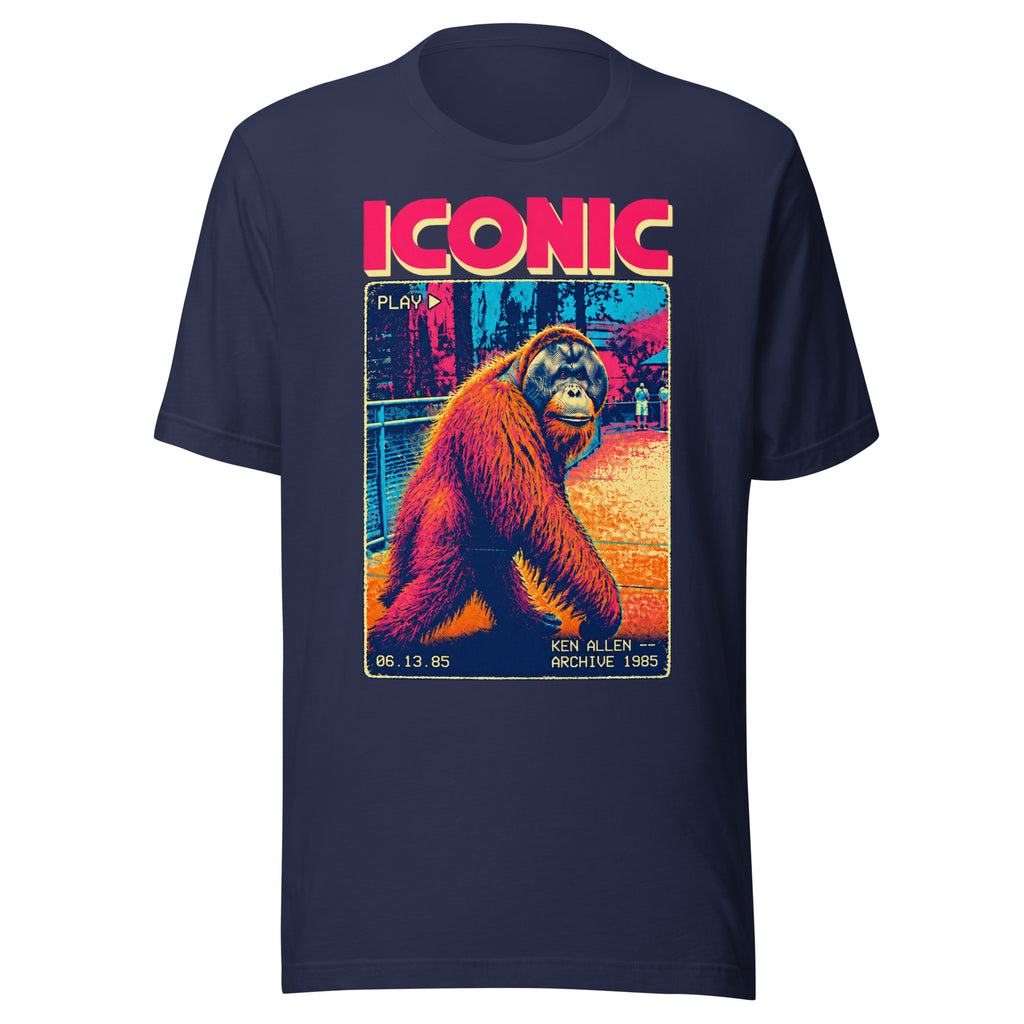 Front of navy Ken Allen Iconic orangutan graphic tee with pink, orange, and blue VHS artwork