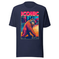 Front of navy Ken Allen Iconic orangutan graphic tee with pink, orange, and blue VHS artwork