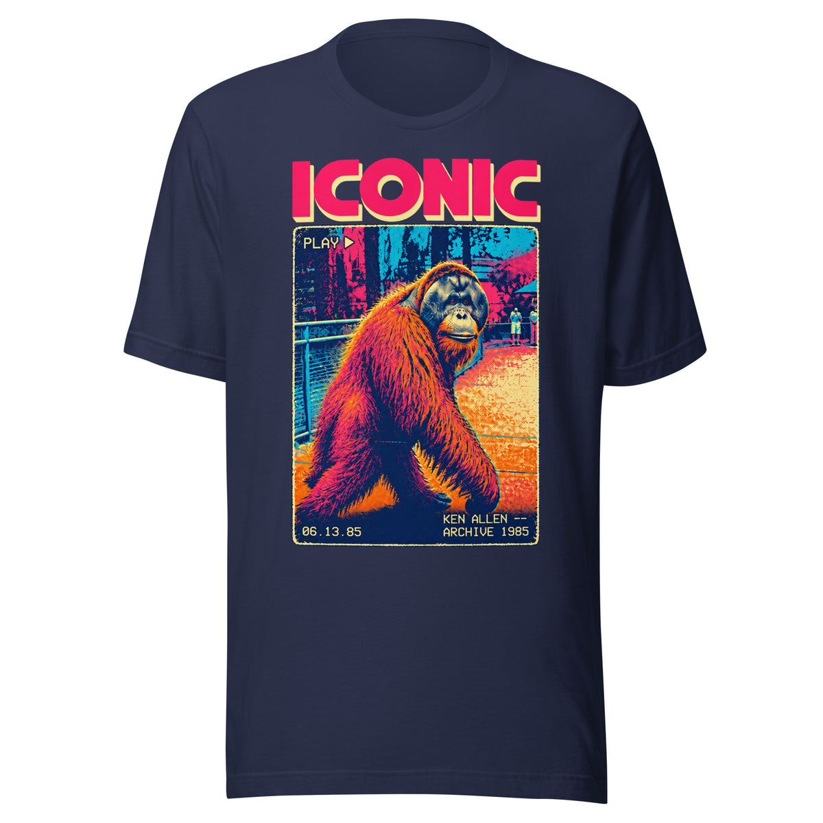 Front of navy Ken Allen Iconic orangutan graphic tee with pink, orange, and blue VHS artwork
