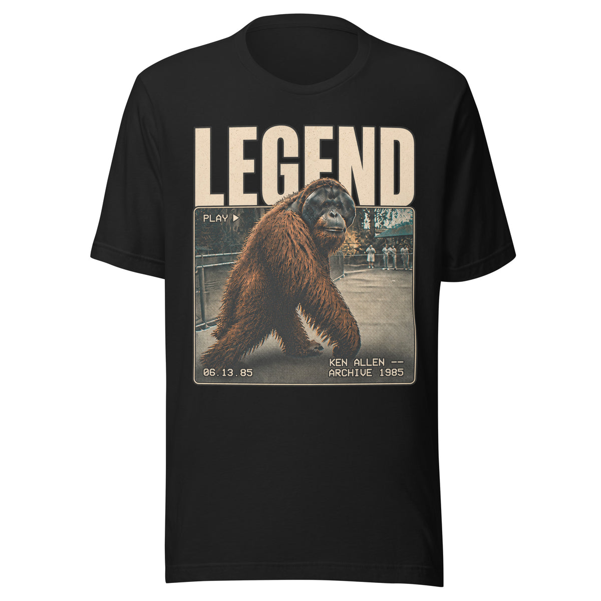 Front view of the Vintage Black Ken Allen Legend orangutan graphic T-shirt
